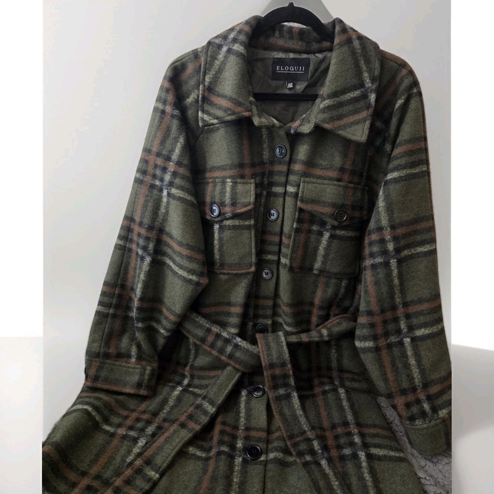 ELOQUII Long Plaid Belted Shacket Coat Green Brown Button Front Plus 18/20 - Picture 7 of 11
